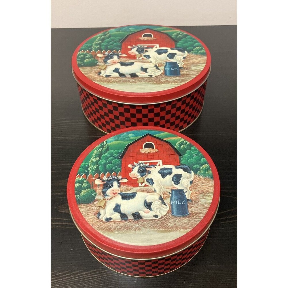 Set Of 2 Vintage Cookie Tins Containers Two Cows By Barn Farm